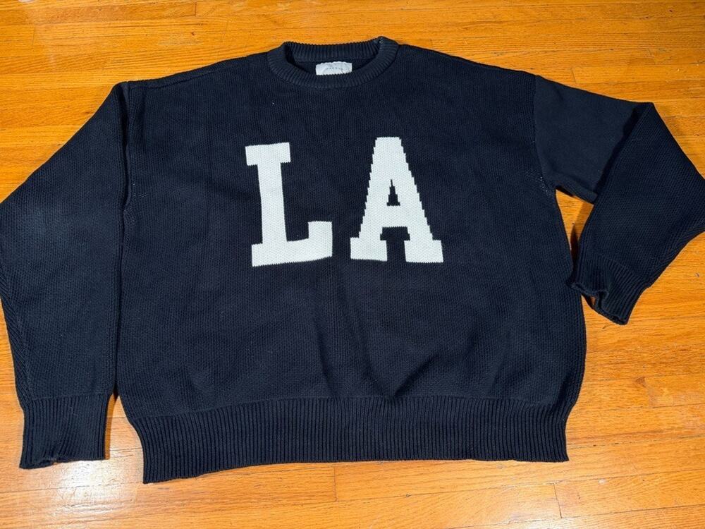 PacSun LA Graphic Knit Sweater Mens Medium Black White Crewneck Pullover